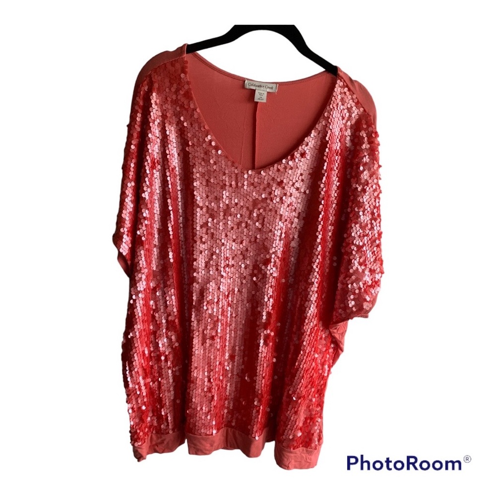 Salmon-color 💖Fish-scale Sequin Top. Coldwater Creek 2XL. Holiday Fun!